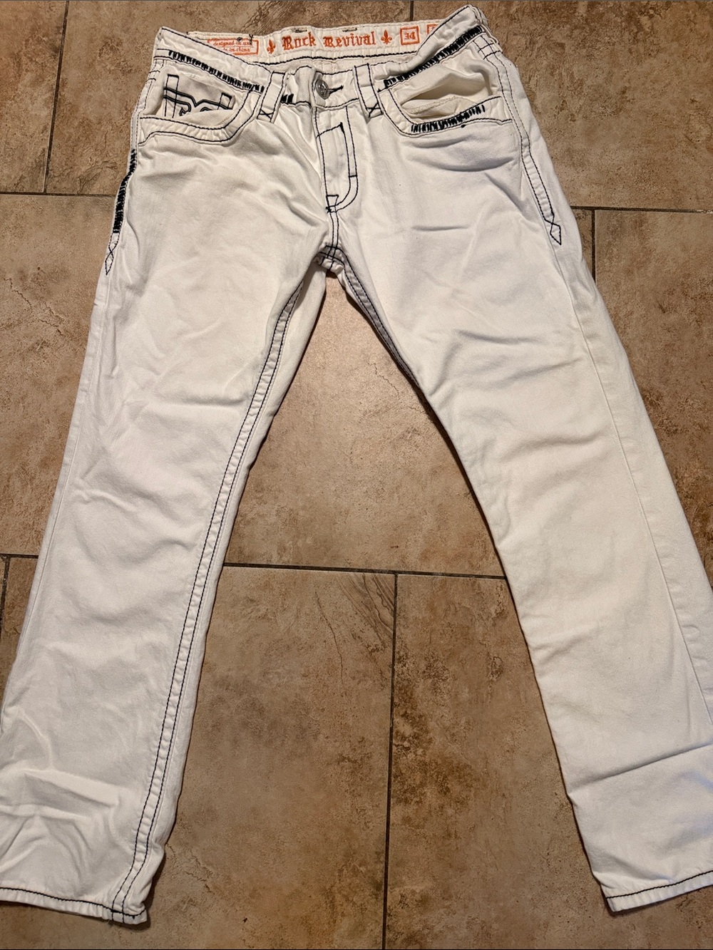 Rock Revival Men's White Straight Jeans with Contrast Stitching